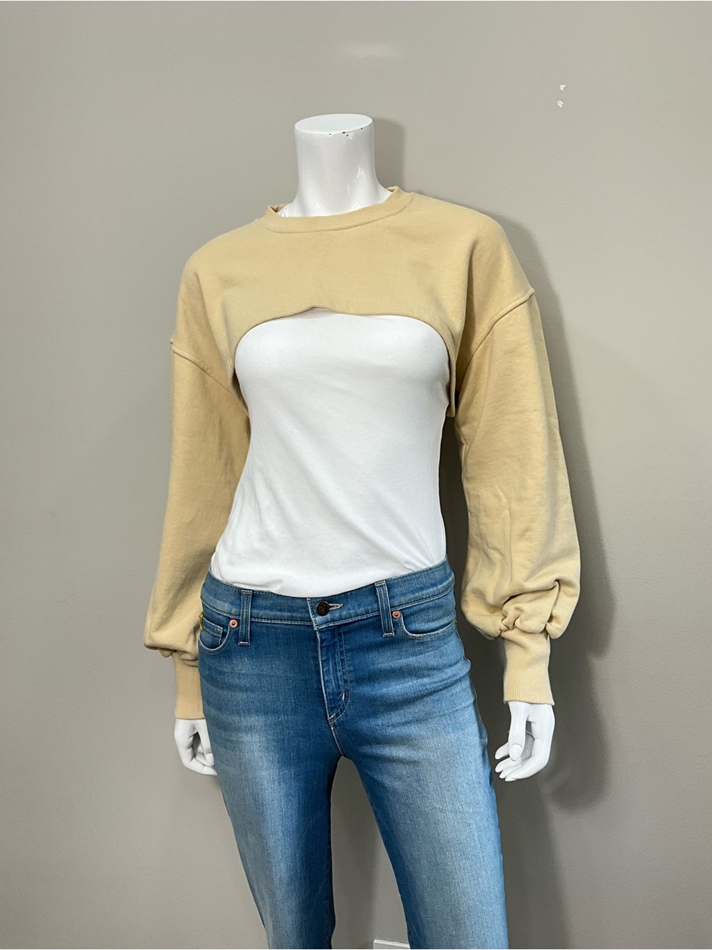 SIMONETT Beige Cutout Shrug Sweatshirt Layered Bustier Balloon Sleeve Top OS